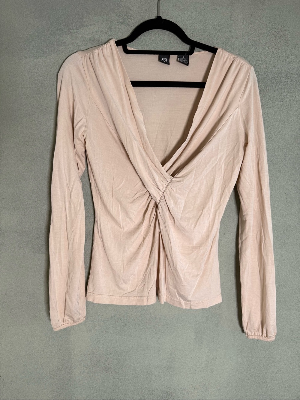 Y2K Saks 5th Ave Draped Twist Front Top Beige Long Sleeve S Quiet luxury